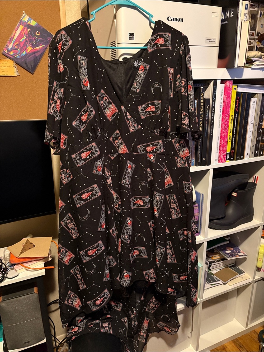 Hell Bunny Black Wrap Dress with Red & White Tarot Print